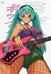  1girl 2000s_(style) absurdres armpit_peek asymmetrical_sleeves bangs blue_nails blush bracelet breasts chain character_name collar commentary crop_top electric_guitar fingerless_gloves fingernails fishnet_legwear fishnets from_below gloves green_eyes green_hair guitar gyaru hair_between_eyes hand_on_own_chest hatsune_miku headphones heart highres idol instrument jewelry kogal letro long_hair looking_at_viewer looking_down midriff nail_polish navel open_fly short_shorts shorts small_breasts solo spiked_bracelet spiked_collar spikes stomach tan tattoo twintails unbuttoned vocaloid 