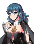  1girl absurdres armlet armor black_armor blue_eyes blue_hair breasts bustier byleth_(fire_emblem) byleth_(fire_emblem)_(female) capelet cloak fire_emblem fire_emblem:_three_houses hair_between_eyes highres jarckius short_sleeves shoulder_armor solo tassel turtleneck upper_body vambraces 