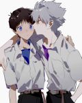  2boys belt blue_eyes blush brown_belt grey_hair highres ikari_shinji mogutofuoes multiple_boys nagisa_kaworu neon_genesis_evangelion school_uniform simple_background tokyo-3_middle_school_uniform white_background yaoi 