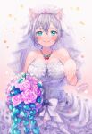  1girl animal_ear_fluff animal_ears blue_eyes blush bouquet breasts bridal_veil brown_background cat_ears closed_mouth commentary_request commission confetti copyright_request dress fang fang_out flower gradient gradient_background grey_background grey_hair hair_between_eyes hand_up highres ittokyu large_breasts pink_flower pink_rose rose see-through signature smile solo strapless strapless_dress veil virtual_youtuber wedding_dress white_dress 