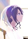  1girl alfred0444 alternate_hairstyle backlighting bangs bare_shoulders black_hair blue_eyes braid braided_bun bridal_veil curly_hair dress ear_piercing highres idolmaster idolmaster_shiny_colors mitsumine_yuika piercing profile railing see-through smile solo tiara veil wedding_dress 