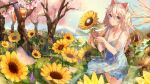  1girl ahoge animal animal_ears artist_name bangs blue_dress blue_eyes breasts cat cleavage closed_mouth collarbone commentary commission dated day dress english_commentary eyebrows_visible_through_hair fake_animal_ears field flower flower_field grey_hair hair_between_eyes hairband holding holding_flower in_tree kobutanori long_hair medium_breasts original outdoors pointy_ears purple_flower rainbow see-through see-through_sleeves short_sleeves smile solo sunflower tree white_hairband yellow_flower 