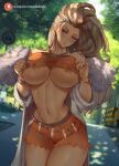  1girl abs araneesama bare_shoulders bead_necklace beads blue_eyes blush breasts brown_hair coat earrings forehead fur_collar hair_pulled_back highres jewelry labcoat large_breasts long_hair looking_to_the_side navel necklace open_labcoat orange_shorts pokemon pokemon_(game) pokemon_sv sada_(pokemon) shorts solo thighs white_coat 
