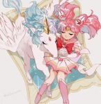  bishoujo_senshi_sailor_moon boots bow chibi_usa gloves hankenyou highres horns magical_girl multicolored_clothes multicolored_skirt pegasus pegasus_(sailor_moon) pink_footwear pink_hair red_bow sailor_chibi_moon single_horn skirt smile super_sailor_chibi_moon white_gloves 