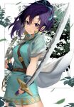  1girl aqua_dress belt black_hair blue_eyes cowboy_shot dress fingerless_gloves fir_(fire_emblem) fire_emblem fire_emblem:_the_binding_blade gloves green_dress hair_ribbon haru_(nakajou-28) holding holding_sword holding_weapon looking_at_viewer ponytail ribbon short_dress solo sword tree weapon 