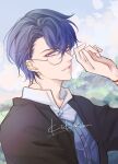  1boy :d bangs black_jacket blue_sky blue_vest cloud cloudy_sky earrings formal glasses grin highres jacket jewelry kikizhouu long_sleeves looking_at_viewer marius_von_hagen_(tears_of_themis) outdoors purple_eyes purple_hair short_hair signature sky smile solo tears_of_themis teeth upper_body vest 