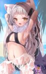  1girl animal_ears armpits bangs blunt_bangs blush breasts fang grey_hair highres hololive long_hair looking_at_viewer maikro murasaki_shion navel open_mouth partially_submerged shiokko_(murasaki_shion) skin_fang smile solo swimsuit virtual_youtuber yellow_eyes 