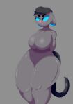  2021 absurd_res anthro barely_visible_genitalia barely_visible_pussy belly big_breasts biped black_eyes black_hair bloocherrypie blue_sclera blush breasts cute_fangs domestic_cat ears_down featureless_breasts felid feline felis female front_view fur genitals grey_background grey_body grey_fur hair hi_res looking_away mammal navel pivoted_ears pussy simple_background solo thick_thighs wide_hips 