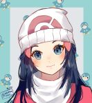 1girl artist_name beanie blue_background blue_eyes blue_hair blush closed_mouth commentary dated dawn_(pokemon) forehead grey_background hair_ornament hairclip hat jacket kobutanori long_hair looking_at_viewer piplup pokemon pokemon_(game) pokemon_dppt red_jacket smile solo two-tone_background upper_body white_headwear 