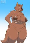  absurd_res anthro big_breasts blue_background breasts brown_body brown_fur canid canine female fur genitals hi_res mammal mossist nipples nude pussy simple_background solo thick_thighs 