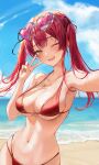  1girl armpits bangs blush breasts cleavage dalgom0128 eyebrows_visible_through_hair eyewear_on_head fang hair_ribbon highres hololive houshou_marine huge_breasts jewelry large_breasts long_hair looking_at_viewer midriff navel necklace one_eye_closed open_mouth red_hair ribbon selfie smile solo summer swimsuit twintails virtual_youtuber wet yellow_eyes 