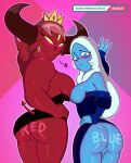  absurd_res animal_humanoid anus big_breasts blue_body blue_diamond_(steven_universe) blue_eyes blue_pussy blue_skin blush breasts cartoon_network clothed clothing demon disney doc.b fangs female female/female genitals hair hi_res horn humanoid interspecies mammal mammal_humanoid muscular muscular_female partially_clothed pink_hair pubes pussy red_body smile star_vs._the_forces_of_evil steven_universe thick_thighs wrathmelior_lucitor yellow_eyes 