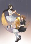  2girls absurdres bare_legs black_bow black_dress black_footwear black_hair bow brown_hair closed_mouth commentary dress euphonium frilled_dress frills gradient gradient_background hair_bow hibike!_euphonium high_heels highres holding holding_instrument instrument juliet_sleeves kousaka_reina long_hair long_sleeves looking_at_viewer mary_janes moon multiple_girls naoel_(naoel_art) oumae_kumiko pantyhose puffy_sleeves purple_eyes shoes short_hair trumpet white_dress white_footwear white_legwear yellow_eyes 