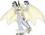  1girl 2018 animal_ears animal_feet animal_hands black_horns blonde_hair blue_dress claws closed_mouth dragon_girl dragon_horns dragon_tail dragon_wings dress extra_arms gradient_hair hand_on_own_chest highres horns long_hair looking_at_viewer monster_girl monster_hunter_(series) multicolored_hair no_pupils personification red_eyes scales shagaru_magala sleeveless sleeveless_dress tail two-tone_hair very_long_hair white_hair wings yoshida_hideyuki 