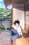  1boy arm_support book dragon_ball glasses holding holding_book male_focus pants reading rom_(20) shirt sitting solo son_gohan spiked_hair white_shirt 