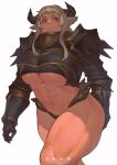  1girl abs animal_ears armor artist_name blonde_hair breastplate breasts frown gauntlets highres horns ibuo_(ibukht1015) long_hair looking_at_viewer muscular muscular_female navel no_pants original red_eyes shoulder_armor signature solo thick_thighs thighs underboob underwear 