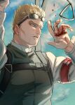 1boy alternate_costume armband blonde_hair blood blood_on_hands cloud day facial_hair goggles goggles_on_head highres injury male_focus outdoors parachute parted_lips reiner_braun shingeki_no_kyojin shirt short_hair sky solo sssida3 undershirt upper_body weapon white_shirt 