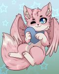  &lt;3 absurd_res ambiguous_gender anthro canid canine cute_expression duskooky fluffy fluffy_tail fox hi_res hybrid light_blue lostfox mammal pink_body pink_wings solo wings 