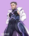  1boy artist_name bara black_bodysuit bodysuit bulge covered_abs covered_nipples facial_hair highres labcoat large_pectorals male_focus multicolored_bodysuit multicolored_clothes muscular muscular_male open_clothes open_labcoat otokobara paid_reward_available patreon_username pectorals pink_bodysuit pokemon pokemon_(game) pokemon_sv purple_bodysuit short_hair skin_tight solo thick_thighs thighs turo_(pokemon) undercut 