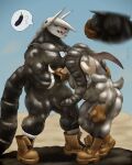  abs aggron anthro balls biceps blue_eyes blue_sky bodily_fluids boots boots_only butt butt_grab clothing desert dirt dog_tags donphan duo dust egglant emoji footwear footwear_only genital_fluids genitals gloves hand_on_butt handwear hi_res horn horn_grab humanoid humanoid_genitalia humanoid_penis leather long_ears male male/male military mostly_nude muscular nintendo nipples pecs penis pok&eacute;mon pok&eacute;mon_(species) precum rufus_(tjloog) sand sean_(tjloog) shoes shoes_only sky speech_bubble sweat tire tjloog tongue tongue_out tusks vein veiny_muscles veiny_penis video_games wrestling 