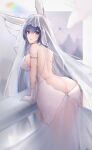  1girl absurdres animal_ears artist_request ass azur_lane backless_dress backless_outfit bare_back blue_hair blush breasts bridal_veil bride butt_crack dress fake_animal_ears from_behind gloves highres large_breasts long_hair looking_at_viewer looking_back new_jersey_(azur_lane) rabbit_ears solo veil wedding_dress white_dress white_gloves 
