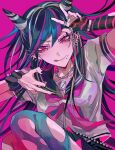  1girl :q asymmetrical_legwear bangs black_hair black_nails black_scrunchie black_skirt blue_hair danganronpa_(series) danganronpa_2:_goodbye_despair fang fingerless_gloves gloves grey_shirt hair_horns highres jewelry knees_up kuroume_(aihikarikuroume24) long_hair mioda_ibuki mismatched_legwear mouth_piercing multicolored_hair nail_polish neckerchief necklace piercing pink_background pink_eyes pink_hair pink_neckerchief school_uniform scrunchie serafuku shirt short_sleeves simple_background skin_fang skirt smile solo striped striped_gloves thighhighs tongue tongue_out torn_clothes torn_legwear white_hair wrist_scrunchie 