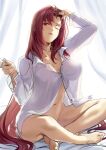  1girl bangs barefoot breasts cleavage collarbone collared_shirt dress_shirt fate/grand_order fate_(series) hair_between_eyes indian_style large_breasts long_hair long_sleeves looking_at_viewer navel no_panties okitakung one_eye_closed purple_hair red_eyes scathach_(fate) shirt sitting solo white_shirt 