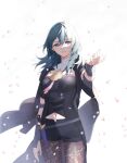  1girl aqua_eyes aqua_hair arm_up bangs black_shorts breasts buttons byleth_(fire_emblem) byleth_(fire_emblem)_(female) closed_mouth clothing_cutout clovisxvii collar commentary_request cowboy_shot fire_emblem fire_emblem:_three_houses hair_between_eyes highres knife lips long_hair navel navel_cutout pantyhose petals short_shorts shorts simple_background solo standing weapon white_background white_collar 