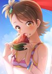  1girl :o asymmetrical_bangs bangs bikini bikini_top_only blue_sky blush bracelet breasts brown_hair cleavage cloud collarbone eating food food_on_face fruit futami_ami hair_ornament highres holding holding_food holding_fruit idolmaster idolmaster_(classic) idolmaster_million_live! jewelry looking_at_viewer mikapoe one_eye_closed seed sky small_breasts solo star_(symbol) star_hair_ornament striped striped_bikini swept_bangs swimsuit tan upper_body water_drop watermelon 