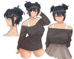  1girl :o bangs bare_shoulders belt black_hair black_sweater breasts closed_eyes collarbone commission copyright_request cropped_legs double_bun eyebrows_visible_through_hair grey_background grey_belt grey_skirt hand_in_own_hair large_breasts multiple_views off-shoulder_sweater off_shoulder parted_lips popopoka profile shiny shiny_hair short_hair simple_background skirt smile sweater teeth 