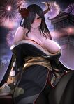  1girl architecture azur_lane bare_shoulders black_hair black_kimono black_legwear blush breasts breasts_apart east_asian_architecture fireworks flower friedrich_der_grosse_(azur_lane) friedrich_der_grosse_(dark_raiments_of_gagaku)_(azur_lane) from_below full-face_blush gdat hair_over_one_eye highres horn_ornament horns huge_breasts japanese_clothes kimono long_hair looking_at_viewer looking_down mature_female mechanical_horns off_shoulder official_alternate_costume pantyhose red_flower red_horns sagging_breasts sash sitting solo very_long_hair yellow_eyes yellow_sash 