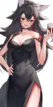  1girl alcohol animal_ear_fluff animal_ears bangs black_dress black_hair blush breasts cleavage cup dress drinking_glass fang hair_between_eyes hair_ornament highres hololive large_breasts long_hair looking_at_viewer multicolored_hair ookami_mio open_mouth red_hair shuvi_(shuvi1125) skin_fang smile solo streaked_hair virtual_youtuber wine wine_glass wolf_girl yellow_eyes 