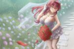  1girl arched_back armpits bare_shoulders blurry blurry_background blush bouquet breasts bridal_gauntlets bridal_veil bride brown_eyes brown_hair cleavage closed_mouth collarbone dress ear_focus falling_petals flower frilled_skirt frills goma_anco_(shiyoshiyo) hair_blowing hand_up headband headgear highres holding holding_flower hololive houshou_marine jewelry large_breasts lips long_hair miniskirt necklace no_bra petals red_flower red_hair red_rose rose skirt sleeveless smile thighhighs thighs veil wedding_dress white_dress white_veil 