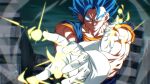  1boy blue_eyes blue_hair dragon_ball dragon_ball_super earrings energy gloves jewelry male_focus potara_earrings rom_(20) sky smile smirk solo spiked_hair super_saiyan super_saiyan_blue vegetto white_gloves 