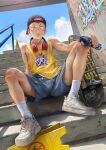  1boy absurdres backwards_hat bandaid bandaid_on_cheek bandaid_on_face bandaid_on_knee bandaid_on_leg baseball_cap beitemian blue_shorts blush bracelet can cloud day facial_mark hat headphones headphones_around_neck highres holding holding_can itadori_yuuji jewelry jujutsu_kaisen male_focus necklace outdoors paint_can parted_lips pink_hair short_hair shorts sitting skateboard sky socks solo sweat tank_top undercut yellow_tank_top 