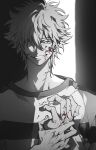 1boy blood blood_on_face blood_on_hands gintama grin hand_up highres male_focus one_eye_covered prison_clothes sakata_gintoki smile solo spot_color ziyizhengjun 