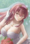  1girl armpits bare_shoulders blurry blurry_background blush bouquet breasts bridal_gauntlets bridal_veil bride brown_eyes brown_hair cleavage closed_mouth collarbone dress ear_focus flower goma_anco_(shiyoshiyo) hand_up headband headgear holding holding_flower hololive houshou_marine jewelry large_breasts lips necklace no_bra red_flower red_hair red_rose rose sleeveless smile veil wedding_dress white_dress 