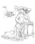  2022 angry anthro beartp canid canine clothed clothing english_text fennec flinters fox fur greyscale hair hi_res lamp male mammal monochrome phone solo text topless towel towel_only wet 
