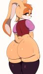  2022 anthro big_butt black_nose bodily_fluids bottomless butt clothed clothing eyebrows eyelashes female floppy_ears hair half-closed_eyes hi_res huge_butt lagomorph legwear leporid long_ears looking_at_viewer mammal mature_female narrowed_eyes rabbit rear_view sega shirt short_hair simple_background solo sonic_the_hedgehog_(series) standing stockings sweat thick_thighs thigh_highs topwear vanilla_the_rabbit white_background yuta_agc 