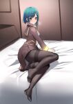  1girl bed black_legwear delicious_party_precure fuwa_kokone green_eyes green_hair highres indoors legs no_shoes panties panties_under_pantyhose pantyhose precure rumo short_hair sitting solo thighs toes underwear 