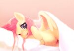  2014 bed blue_eyes equid equine featureless_crotch female feral fluttershy_(mlp) friendship_is_magic fur furniture happy lineless lying mammal my_little_pony on_bed pegasus rag._(artist) shaded simple_background soft_shading solo under_covers wings yellow_body yellow_fur 