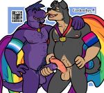  aliasing anthro armband belly bisexual bisexual_pride_colors black_body black_fur blue_background blue_body blue_feathers blush blush_lines bodily_fluids brown_body brown_fur canid canine canis cape cape_only cerdeorhys circumcised clothing dinosaur domestic_dog dot_eyes dripping duo erection feather_hair feathers female flag foreskin fur gay_male_pride_colors genital_fluids genitals hand_on_hip hand_on_shoulder handjob hi_res humanoid jko_2 lgbt_pride licking licking_nose lock looking_at_another male male/male mammal mastiff molosser mostly_nude nervous nervous_smile nipples padlock pecs penile penis precum precum_drip precum_on_penis precum_string pride_color_flag pride_colors pseudo_hair purple_body purple_scales reptile rottweiler scales scalie sex simple_background slightly_chubby theropod tongue tongue_out tyrannosaurid tyrannosaurus tyrannosaurus_rex vein veiny_penis waving_tail white_background yellow_eyes 