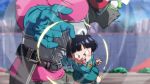  1boy 1girl armor battle black_hair blood blush_stickers child constricted_pupils dragon_ball dragon_ball_(classic) dragon_ball_super dragon_ball_super_super_hero gun helmet kindergarten_uniform mask open_mouth pan_(dragon_ball) punching purple_blood rom_(20) scene_reference short_hair weapon 