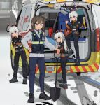  4girls ambulance black_footwear black_pants black_shirt blue_pants brown_hair commentary_request dongdong_(0206qwerty) footprints girls&#039;_frontline ground_vehicle highres holding holding_shovel k2_(girls&#039;_frontline) long_hair long_sleeves motor_vehicle multiple_girls outdoors pants paramedic patch police police_uniform policewoman shirt shoes shovel snow south_korea south_korean_flag uniform usas-12_(girls&#039;_frontline) white_hair white_shirt winter 