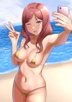  1girl :d beach bikini breasts cellphone collarbone gold_bikini highres holding holding_phone large_breasts long_hair love_live! love_live!_school_idol_project mature_female micro_bikini mole mole_under_mouth navel nishikino_maki&#039;s_mother ocean one_eye_closed phone purple_eyes r2pi red_hair selfie sky smartphone smile solo swimsuit taking_picture teeth upper_teeth v 