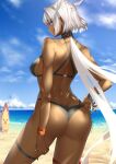  1girl absurdres adjusting_clothes adjusting_swimsuit animal_ears ass back bangs beach bikini bikini_pull black_bikini blue_eyes blue_sky body_markings breasts butt_crack caenis_(fate) closed_mouth clothes_pull cloud cloudy_sky covered_nipples cowboy_shot dark-skinned_female dark_skin day fate/grand_order fate_(series) from_behind hair_intakes highres kyoken large_breasts light_smile long_hair looking_at_viewer looking_back ocean outdoors ponytail ponytail_holder sand sideboob sidelocks sky solo surfboard swimsuit thigh_strap thighs twitter_username very_long_hair water white_hair wristband 