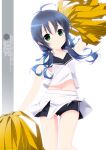  1girl alternate_costume artist_name black_buruma black_hair blue_hair buruma buruma_under_skirt character_name cheerleader cowboy_shot crop_top gradient_hair green_eyes highres holding holding_pom_poms inaba_shiki kantai_collection long_hair looking_at_viewer low_twintails midriff multicolored_hair one-hour_drawing_challenge pleated_skirt pom_pom_(cheerleading) ribbon shirt simple_background skirt sleeveless sleeveless_shirt solo suzukaze_(kancolle) twintails white_background white_skirt 
