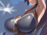  1girl arm_up armpits azur_lane bare_arms black_hair blush bokuno breasts cleavage_cutout clenched_teeth clothing_cutout head_out_of_frame huge_breasts impossible_clothes leotard long_hair see-through see-through_leotard solo takao_(full_throttle_charmer)_(azur_lane) teeth unitard very_long_hair 