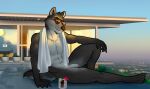  anthro bgn canid canine canis detailed_background dreamworks eyewear eyewear_only flaccid foreskin genitals hi_res male mammal mr._wolf_(the_bad_guys) muscular muscular_male nude penis poolside solo sunglasses sunglasses_only the_bad_guys towel towel_around_neck wolf 