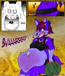  2017 absurd_res accessory anthro belly big_belly bottomwear bowl burping canid canine canis clothing collar comic container domestic_pig duo english_text female fur hair hair_accessory hair_bow hair_ribbon hand_on_stomach hi_res male mammal mr._pig_(viroveteruscy) multicolored_body multicolored_fur navel open_mouth plum_(viroveteruscy) ribbons sound_effects suid suina sus_(pig) text topwear two_tone_body two_tone_fur viroveteruscy warning_cream_filled wolf 